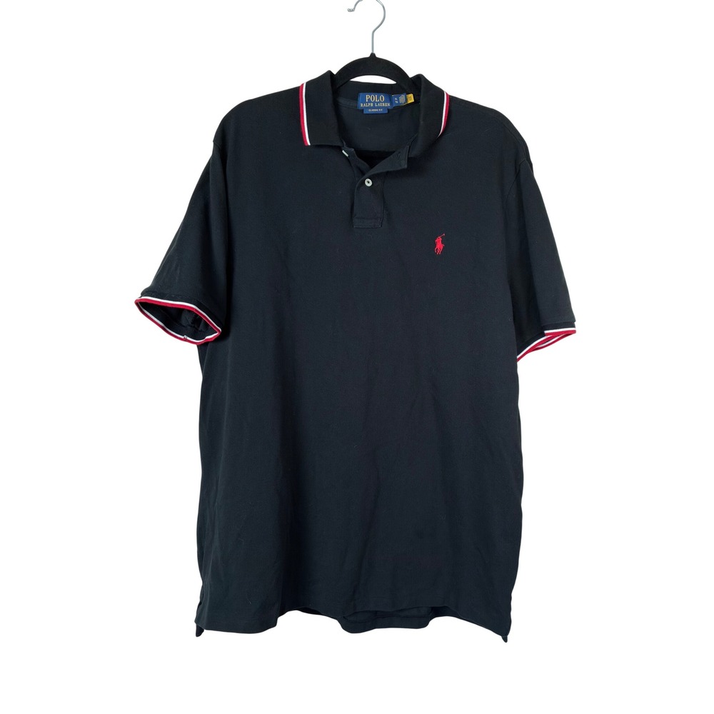 Polo‎ Ralph Lauren Mens XL Classic Fit Black Pique Polo Shirt Red Tipped Trim